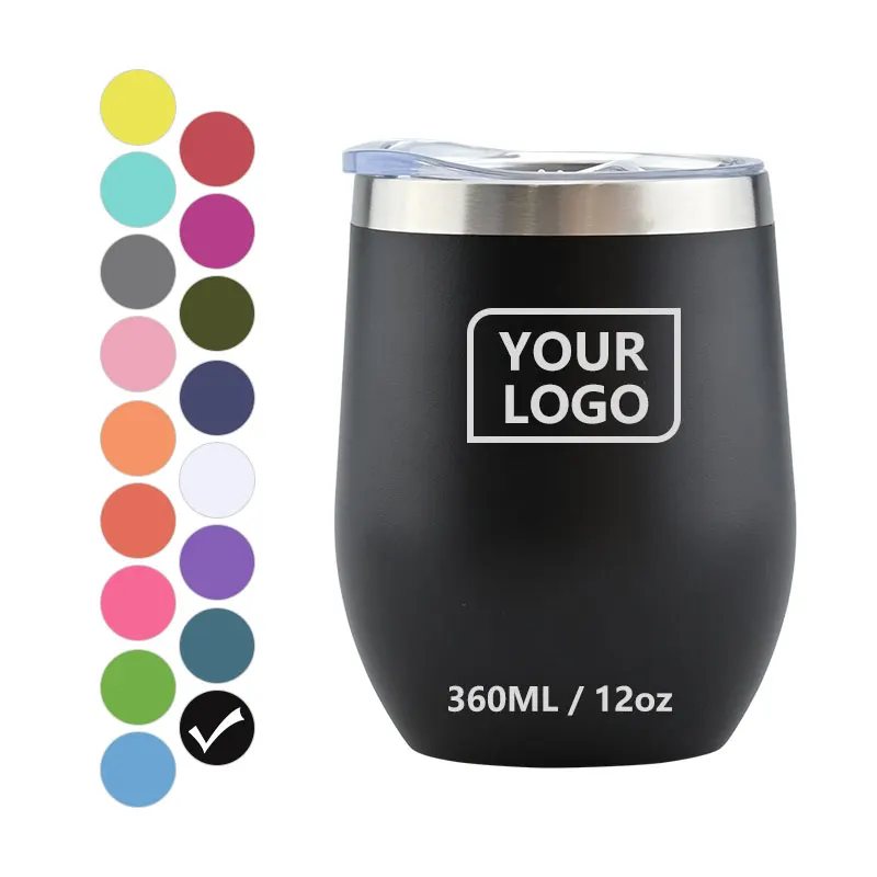 Custom powder coated black 12oz egg shape double wall thermal cup stainless steel stemless wine glass tumbler