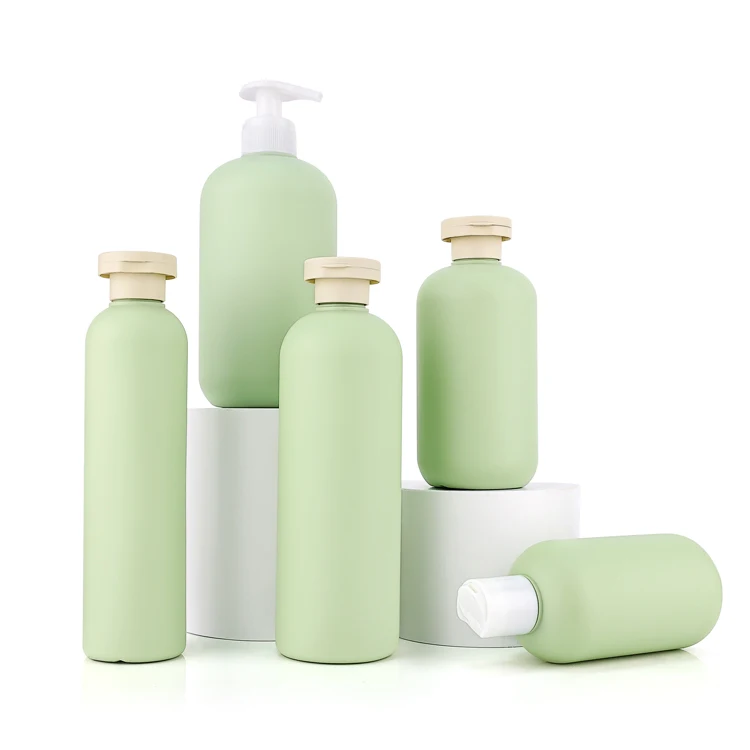 Eco friendly hair body skin care bottles set toner lotion shower gel wash shampoo container empty green hdpe plastic bottle