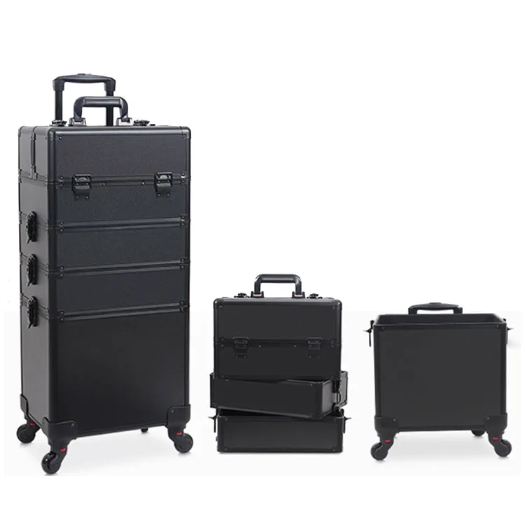 4 in 1 aluminum cosmetic rolling travel case  professional trolley makeup train case beauty trolley case with wheels
