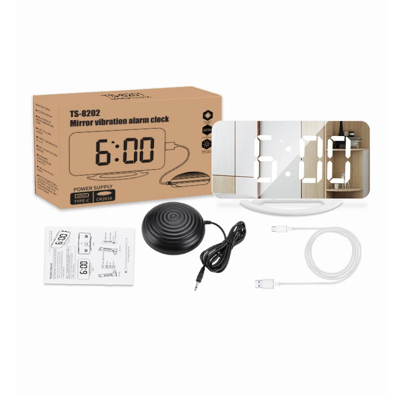 Display time alarm clock with bed shaker waking heavy sleepers led mirror vibration alarm clock