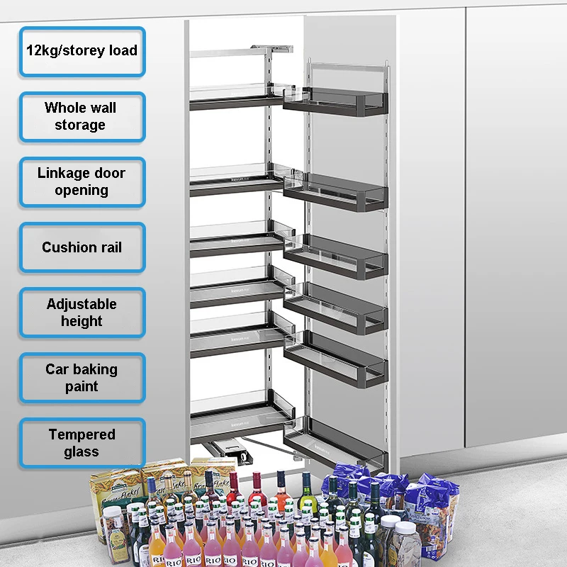 Kitchen Cabinet Accessories Pull Out Pantry Unit Black Aluminum Alloy Pantry Storage Units