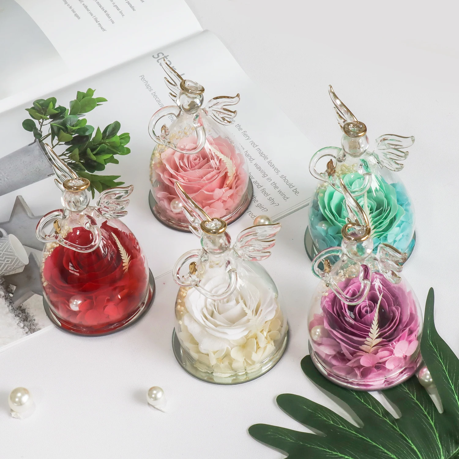 Valentines Day Gift Angel Preserved Soap Rose Artificial Flowers In Angel Dome Glass Gift For Women and Girls