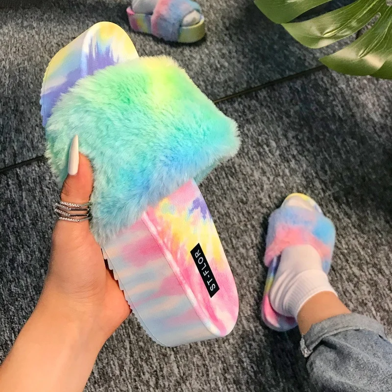 High quality winter soft colorful fashion fur slippers tie-dye candy color designer fur slippers women sandals