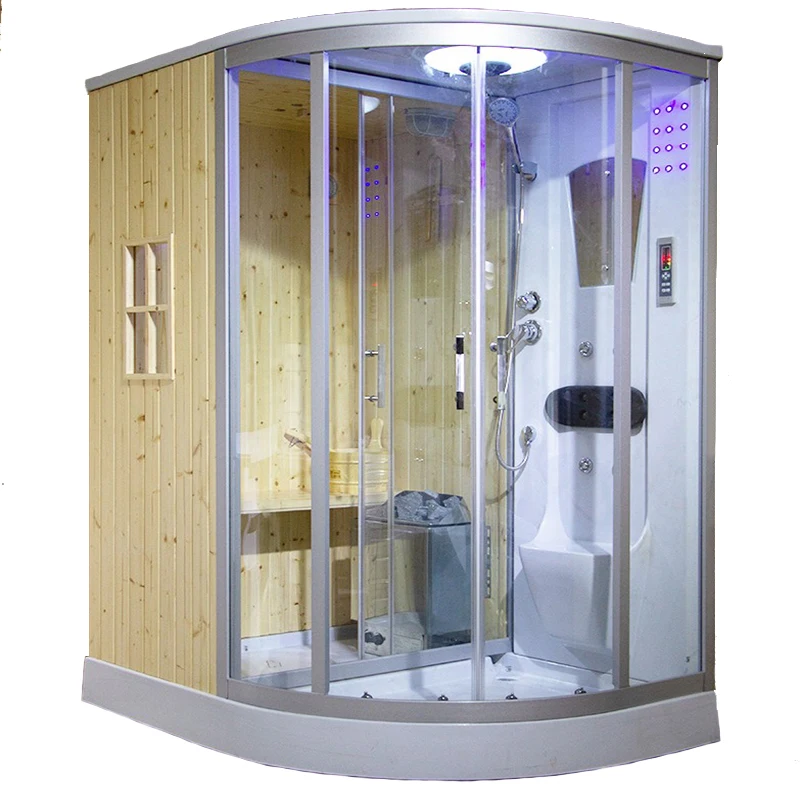 indoor luxury wooden sauna box shower cabin combination, bathroom dry sauna and steam combined functional room