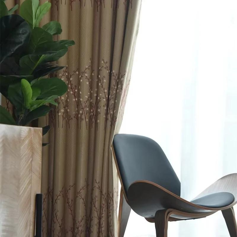 Hot Sale Thick Red Color Twigs Blackout Curtain Fabric Polyester Jacquard High Shading Curtains Fabric For Window to Decor