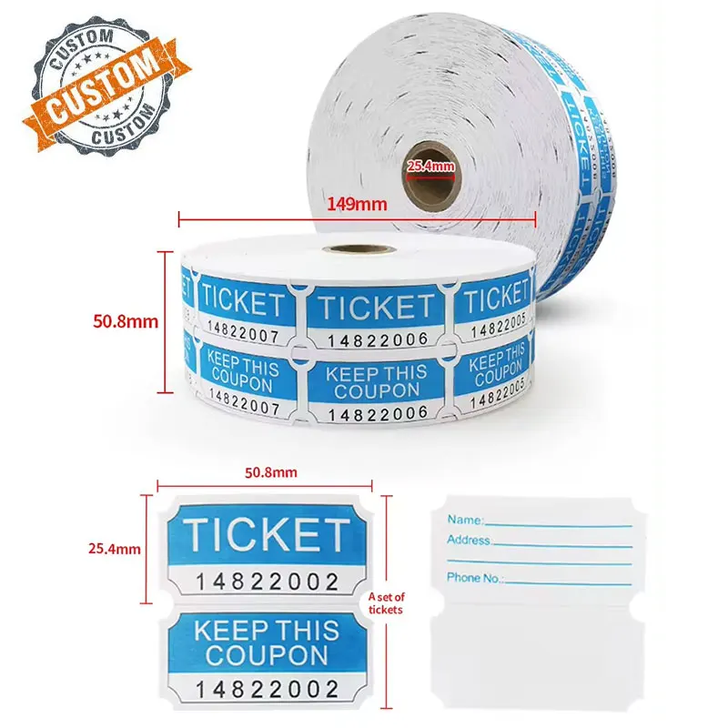 Stock 65mmx156mm 2000 Raffle Colorful Lottery Arcade Double Side Game Redemption Sheet Ticket Rolls for Concerts Party Coupon