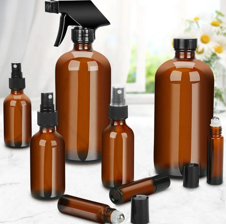 refillable 500ml amber raw brown material boston hand garden sprayer glass bottle bath hair jar with black trigger mist cover
