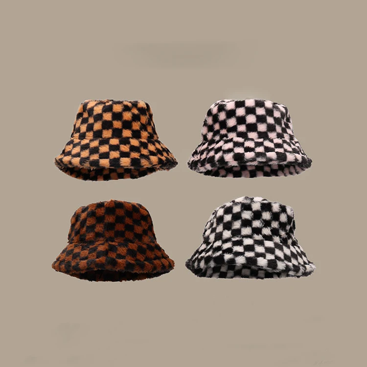 Newest Popular black and white plaid plush bucket hats winter thick keep warm satin lines designer furry bucket hats for women