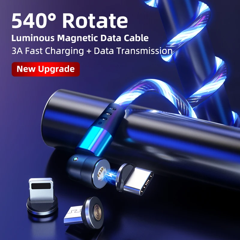 
Outdoor Party LED Dressing Up Phone Accessories 540 Degree Rotate Magnetic USB Cable LED Flowing Light USB Data Cable 