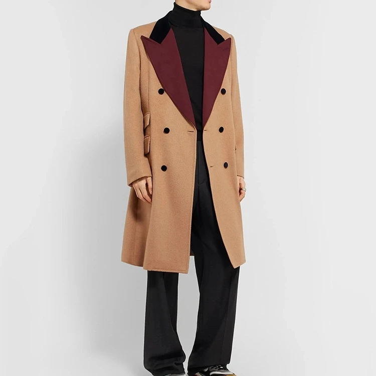 OEM Custom Velvet and Twill-Trimmed Double-Breasted Camel Hair Coat for Men