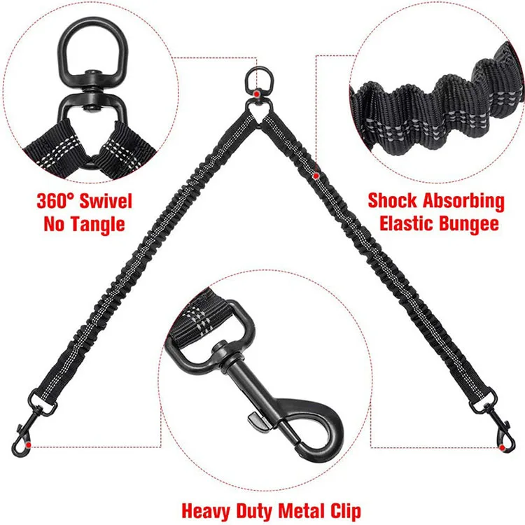 Pet Double Leash Dog Walking Bungee No Tangle Nylon Reflective Dual Dog Leash for Two Dogs