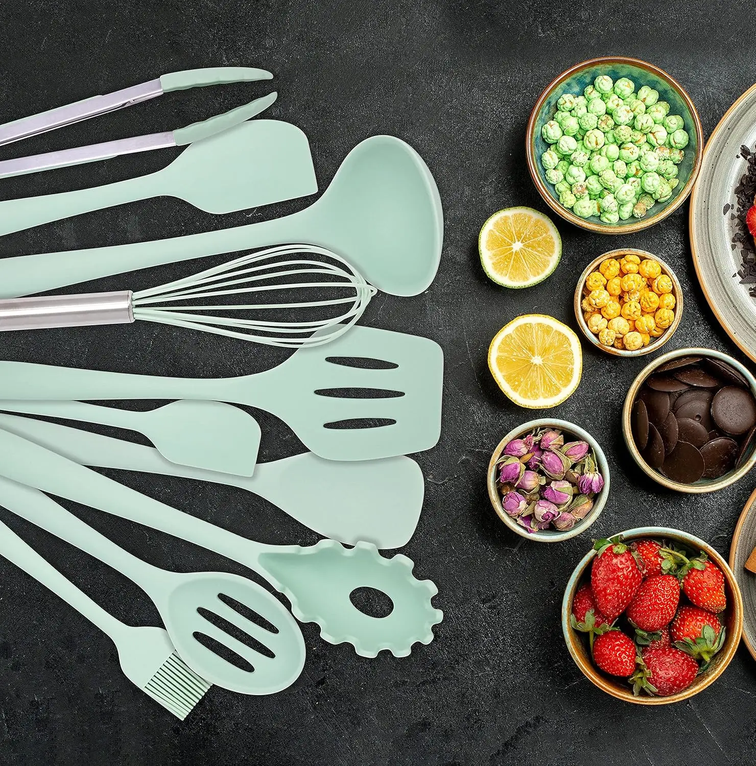 Can Kitchen silicone spatula with wood handle silicon ladle set 12pcs kitchen utensils silicone for cookware