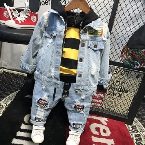 Spring New Boys Denim Suit Fashion Trend High Quality Denim Jacket 3 Piece Set For Kids 2-7 Years Old