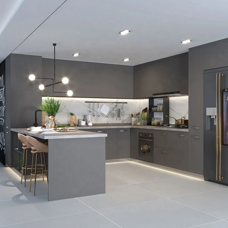 SUOFEIYA High Quality Moduler Designs Gray Glossy Finish Kitchen Cabinets for Prefab Houses
