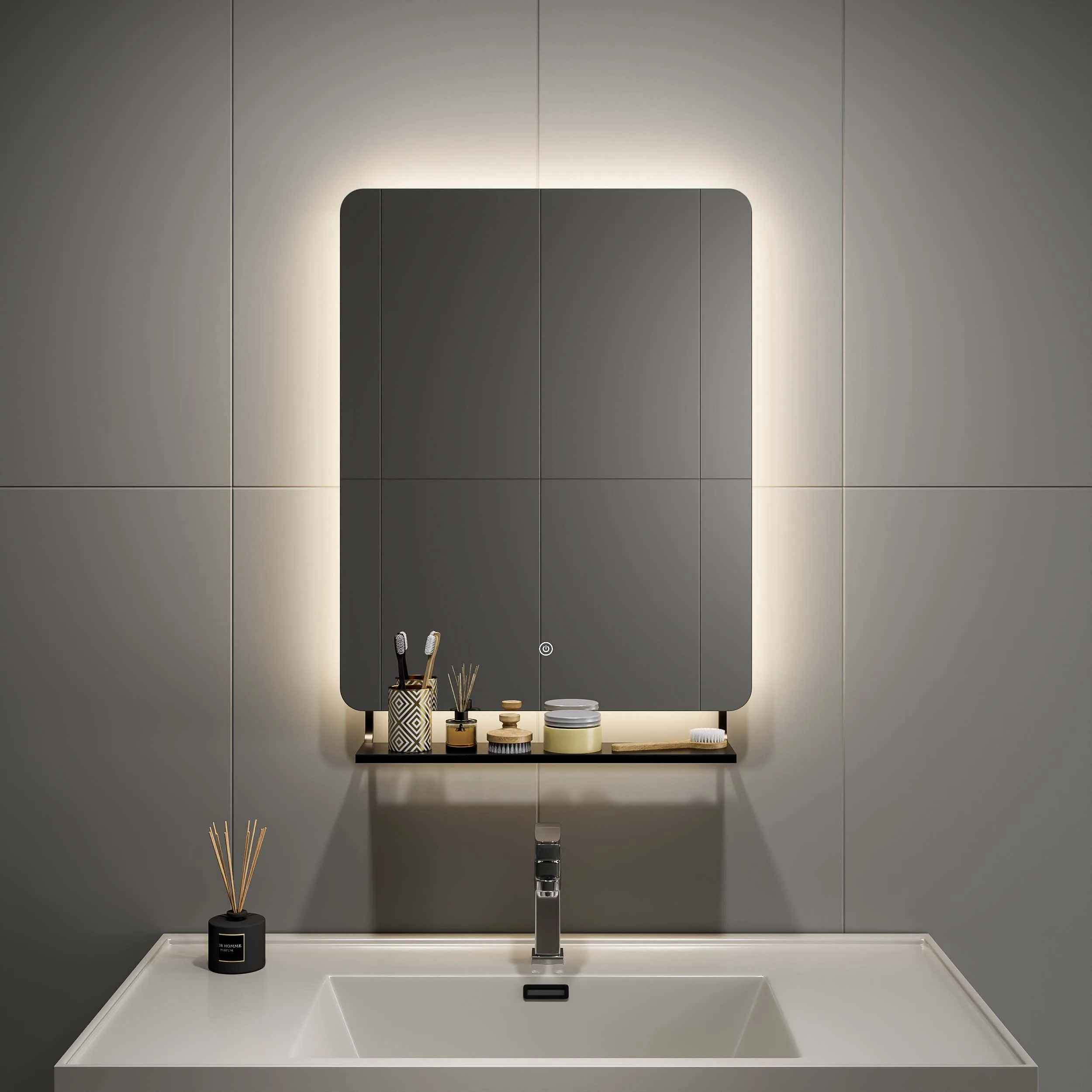 Smart Modern Wall 500 X 700 Hotel Anti Fog Backlit Storage Black Vanity Frameless Bathroom Mirror Shelf Led Light With Shelves