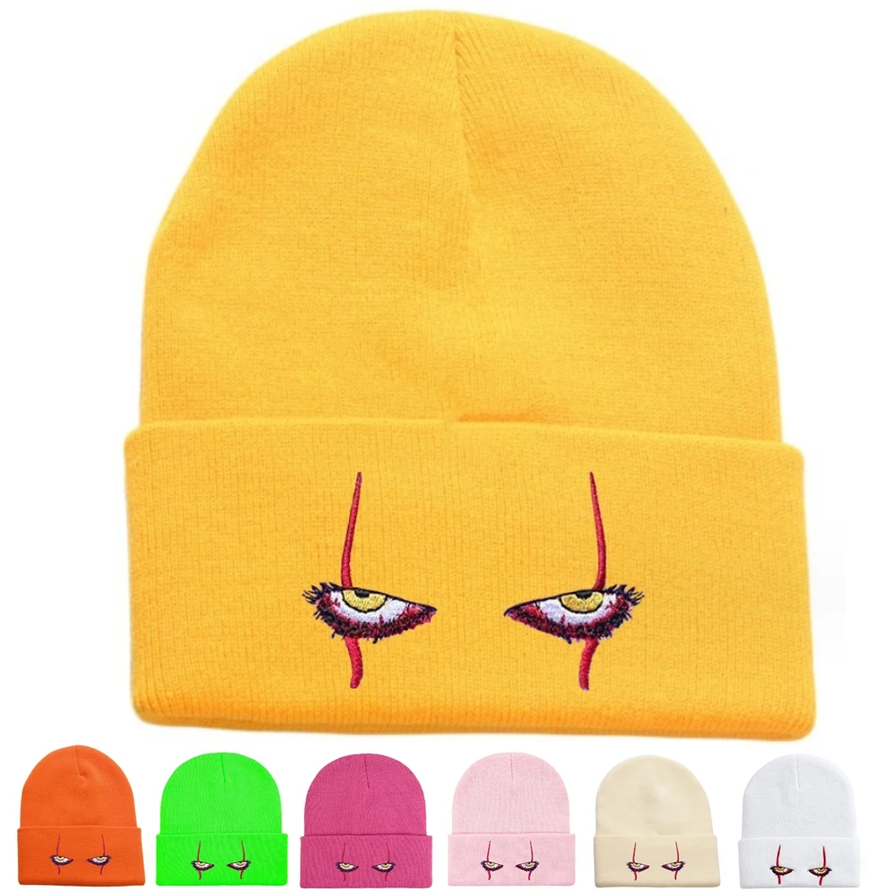 2024 Winter Beanies Students Knitted Funny Cap Pennywise Scary Eyes Hood Hip Hop Hats Gradient Color Skulls Hats Halloween Hats