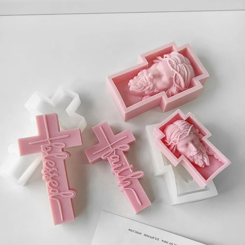 Silicon Molds for Candles 3D Relief Cross Candle Moulds Silicone Jesus Head Portrait Moldes De Silicona Para Velas Candle Molds