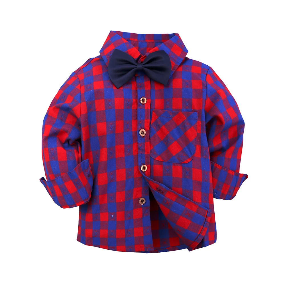 Wholesale baju anak 3 pcs boutique check shirt boy  kids clothing set
