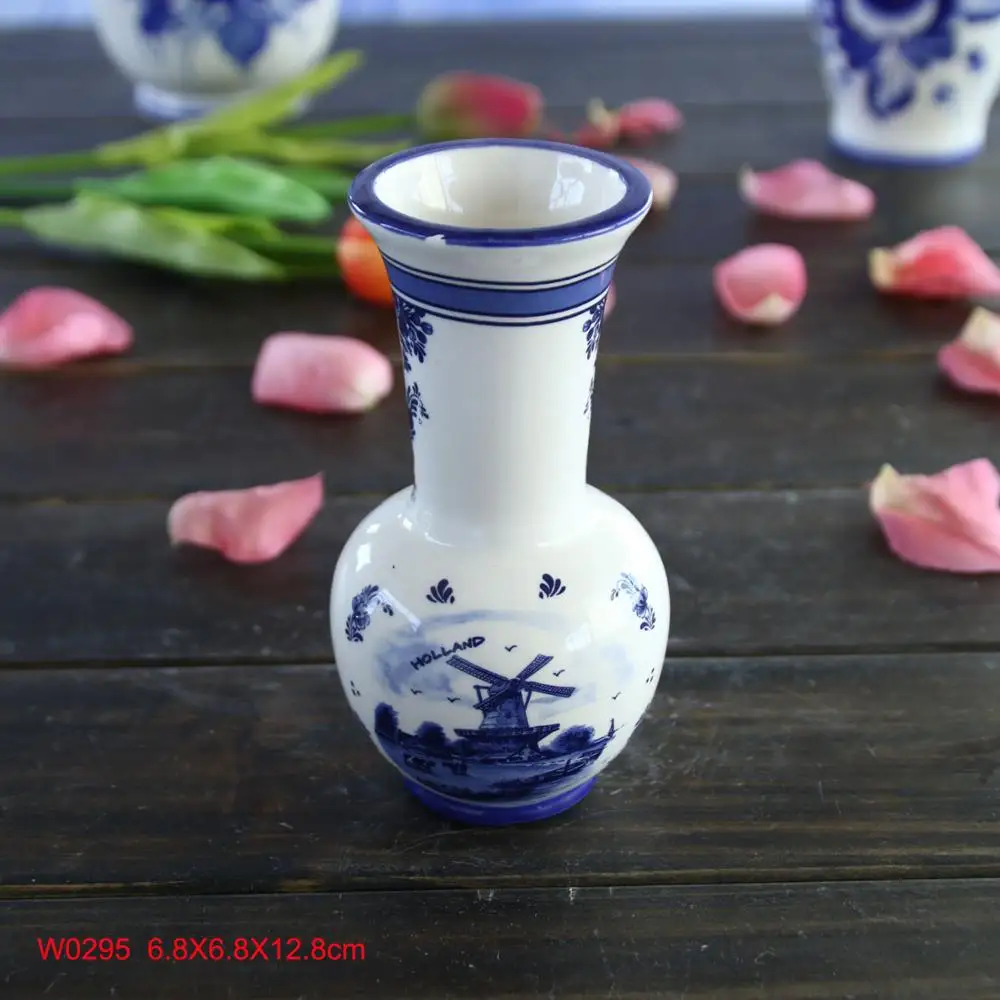 Vintage Delft Holland Handpainted Windmill and Flower Vase Blue & White  20th Dutch Pottery