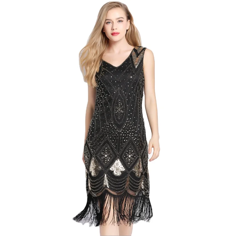 Ruffle Beaded Dress Summer New Luxury Ladies Style V-Neck Halter Heavy Industry Fringed Womens Sequins Dresses