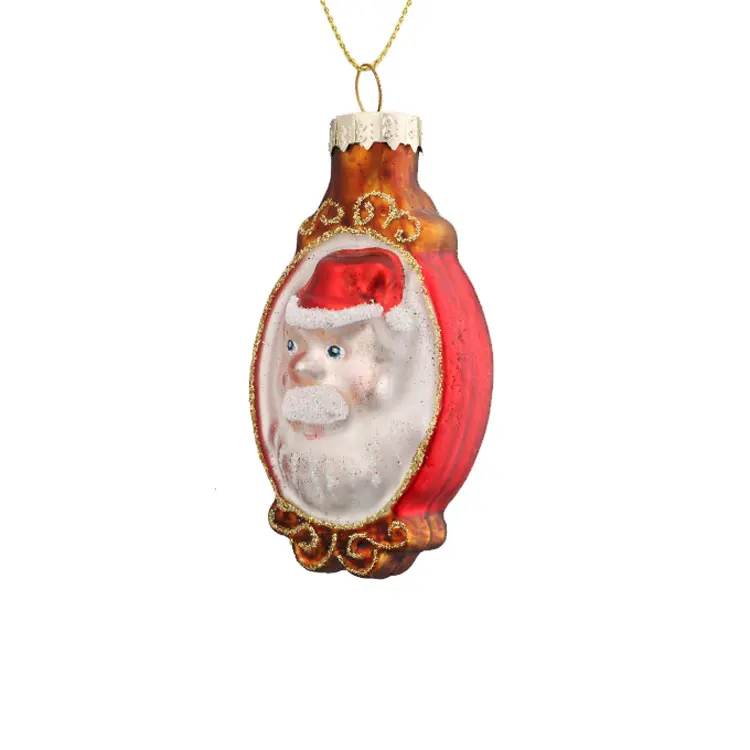 santa heads on the surface of glass christmas tree ornaments