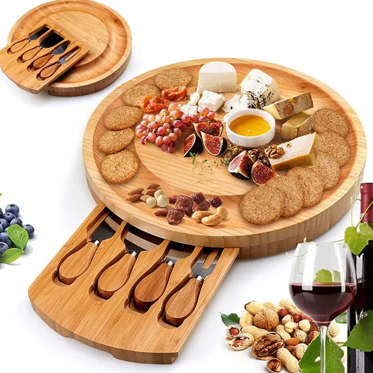Wholesale custom logo rectangle square round premium cheap small bamboo meat cheese charcuterie board platter set with knives