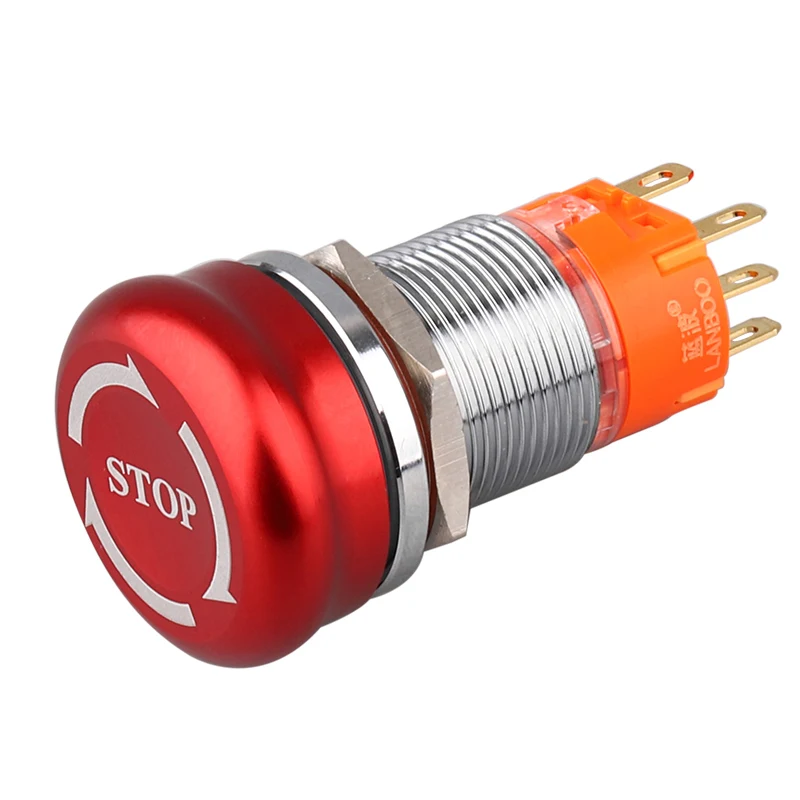 LANBOO 19mm 22mm waterproof IP65 Mushroom emergency stop push button switch with led 1NO1NC 2NO2NC latching switch ON OFF