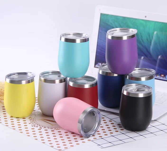 Custom Logo 12oz Stainless Steel Insulated Powder Coated Egg Shape Thermal Cup promotion gift Wine Coffee Mug Tumbler with Lid