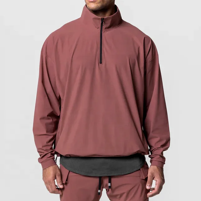 Water-resistant Quarter Zip Stand Collar Lightweight Hoodies With Front Pockets  Adjustable Elastic Hem Design Sweatshirt