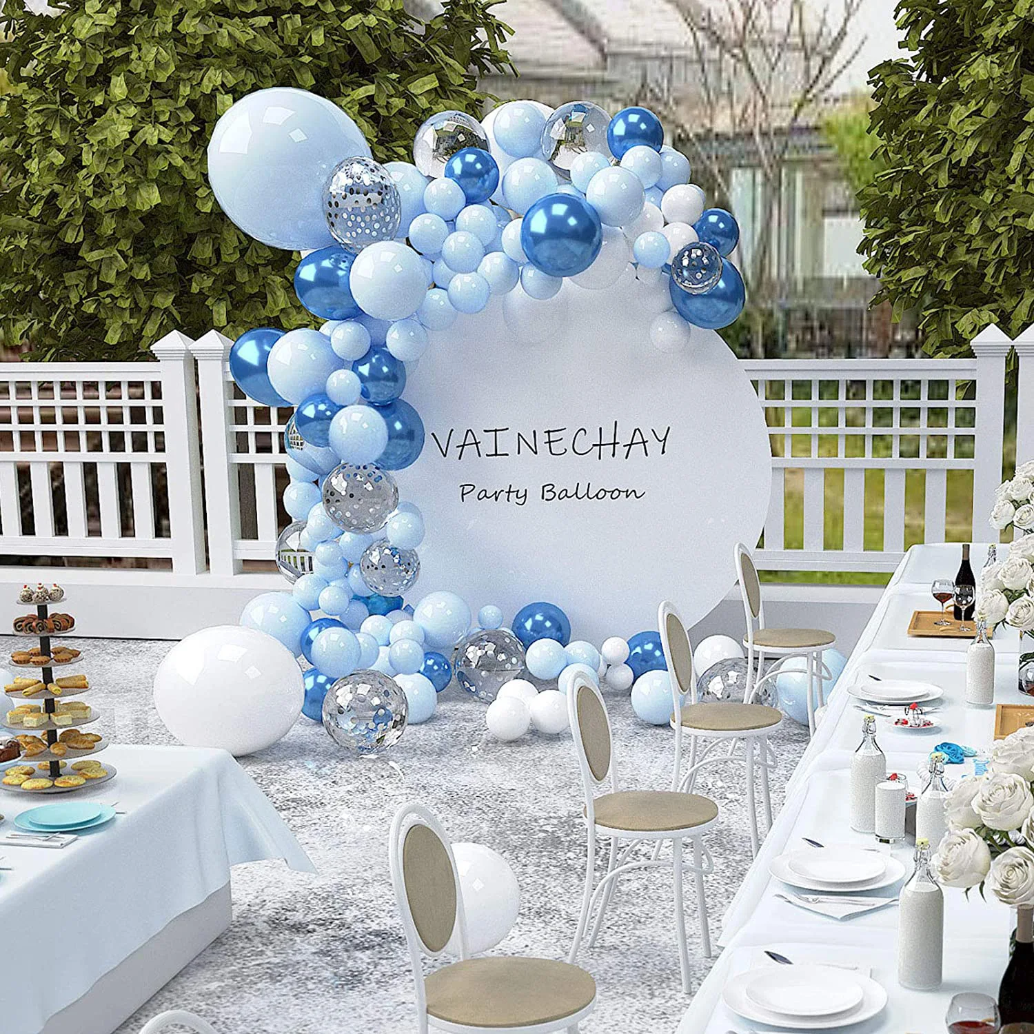 104pcs Silver Confeti White Balloon Arch Macaroon Blue Garland Chinese Holiday Wedding Balloon