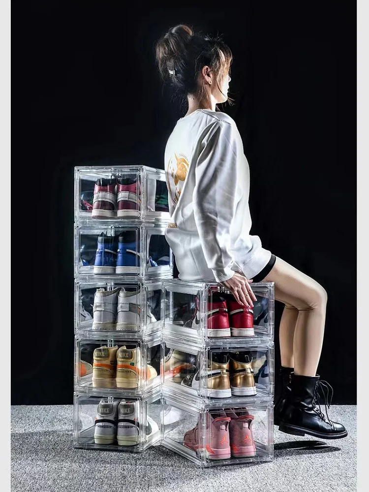 Hot Sale Magnet Shoe Display Case Stackable Sneaker Containers Plastic Transparent Clear Shoe Storage Box