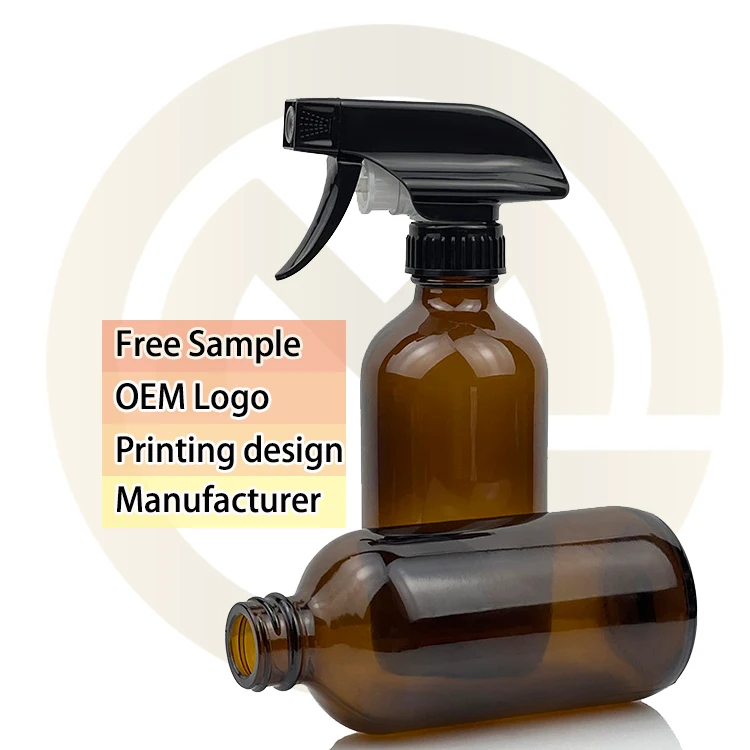 8oz 16oz 250ml 500ml Amber Brown Pharmaceutical Boston Round Glass Spray Bottle with Trigger Spray lotion pump Cap