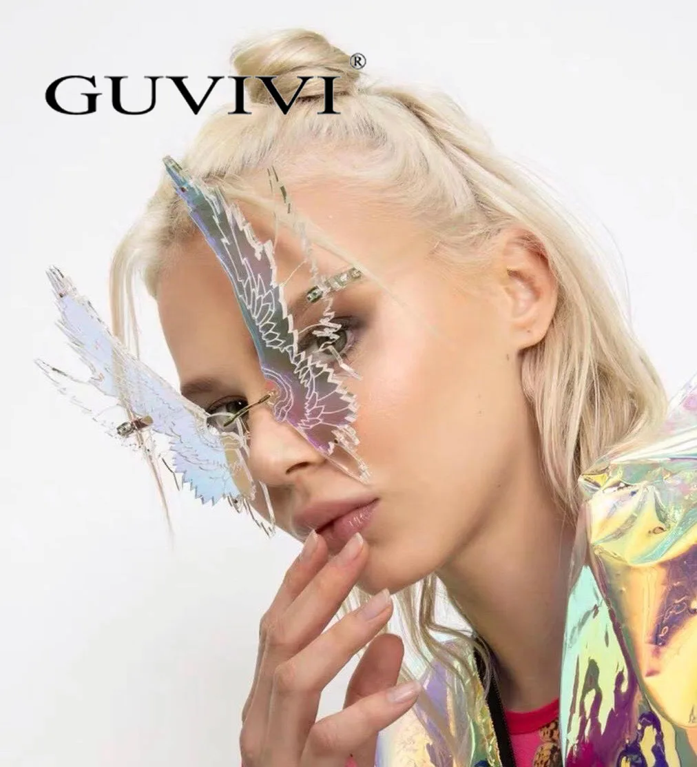 GUVIVI 2020 ins new style Luxury brand sunglasses Angel demon wings Rimless oversize Sunglasses metal steampunk Street  glasses