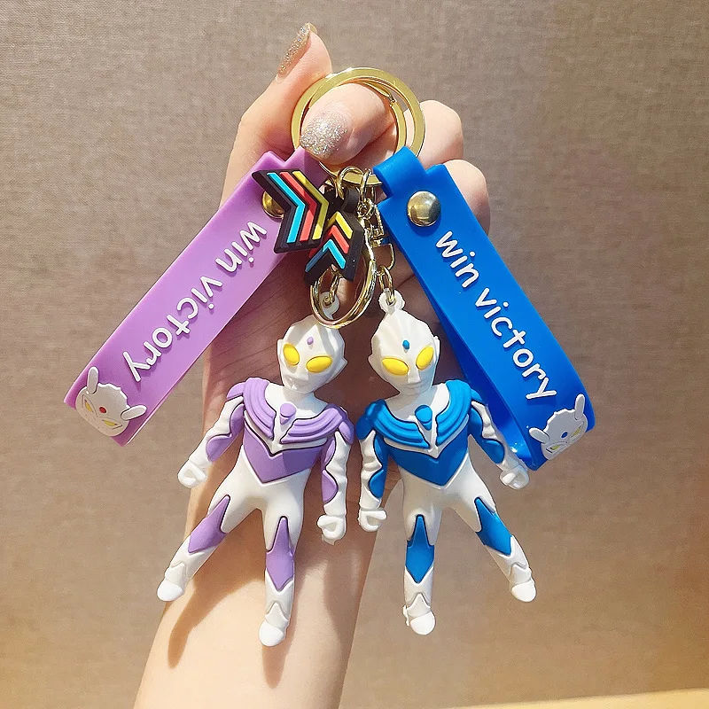 Funny 3D Cartoon Ultraman Keychains with Wrist Strap Wholesale Custom Bag Decoration Doll Pendant Keyrings Gift