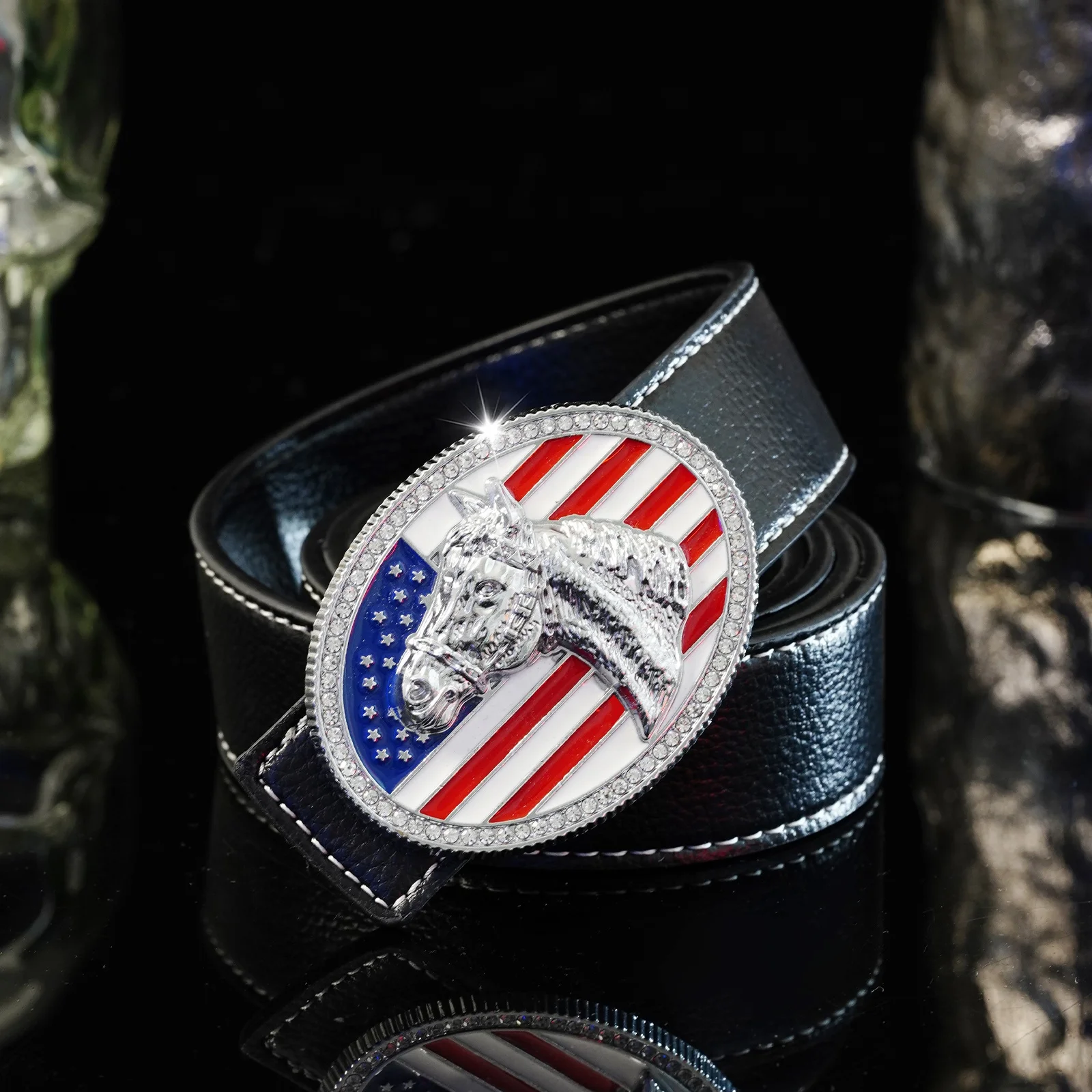 Western Belt Buckles Men Style Horse Head American Flag Buckle Leather Belt Fashion PU Belt Party Birthday Gift