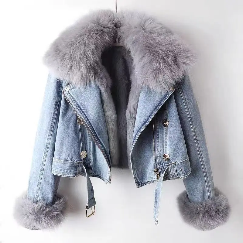 Wholesale Street Fox Fur Collar Metal Buckle Warm Short Cropped Coat Jean Jackets Women Denim Jacket