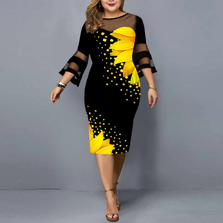L-6XL Mesh Vestido De Talla Grande Plus Size Clothing Floral Printed Elegant Elegant Casual Dress Women Plus Size Party Dresses