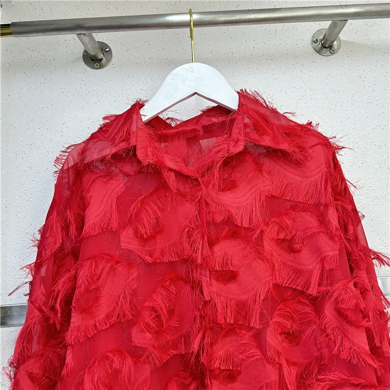 TWOTWINSTYLE Chiffon Blouses Red Christmas Tops Patchwork Feather Loose Fashion Blouse For Women