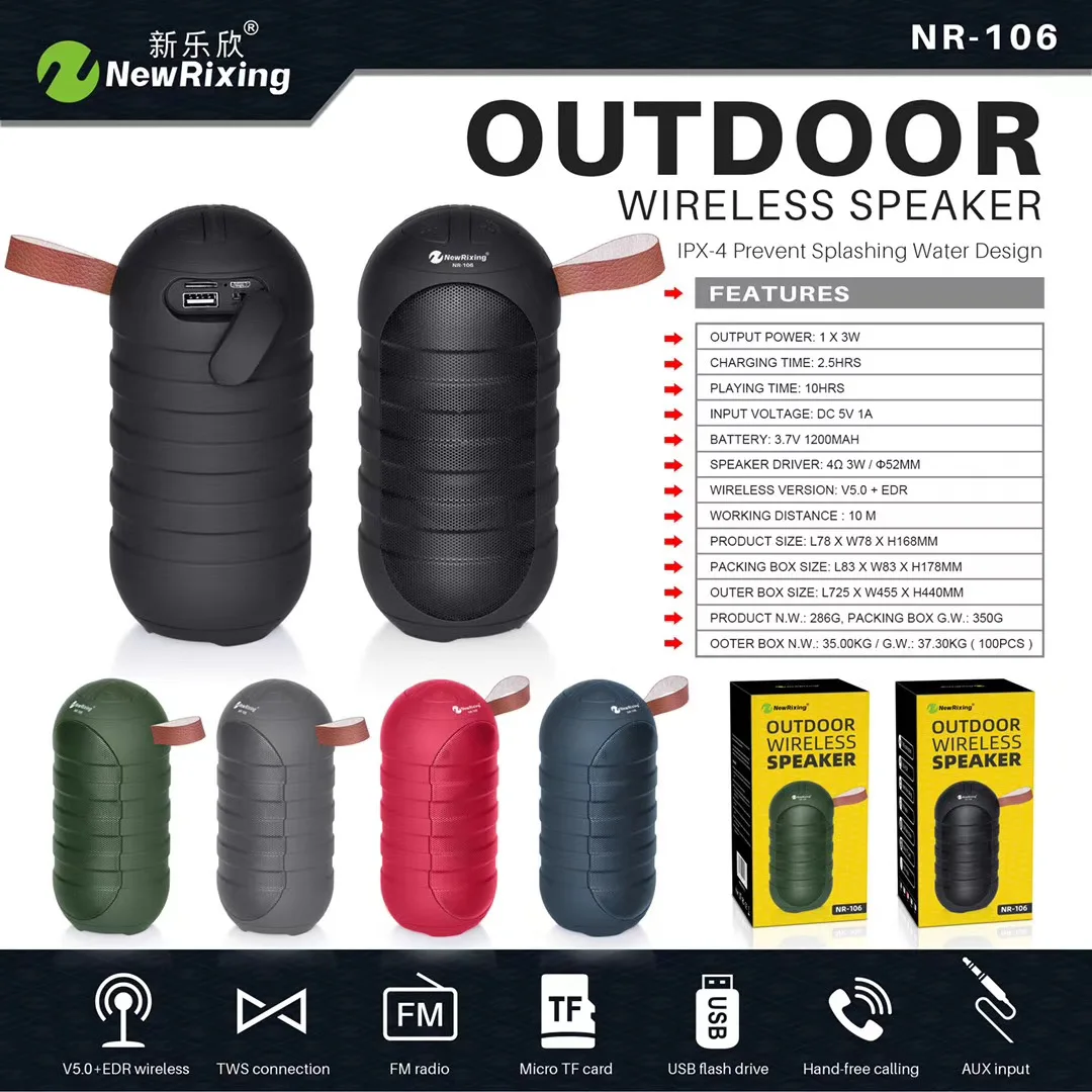 NR-106 Bluetooth connection hands-free call FM radio support cycle charging Super bass portable karaoke waterproof speaker