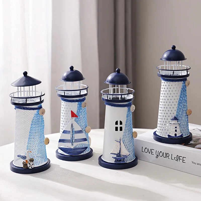 Mediterranean LED tin lighthouse 19cm electronic lights seven coloured lights candelabra home desktop ornaments
