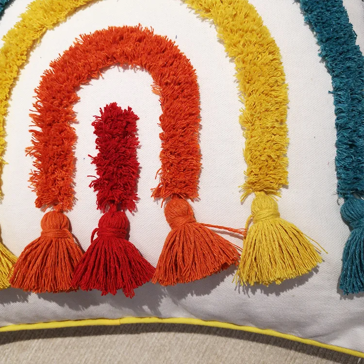 Wholesale colorful tufted pillow rainbow tassel throw pillow covers
