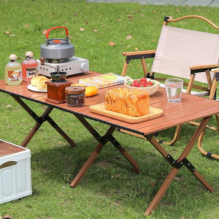 Outdoor Beach Fishing Portable Lightweight Folding Driving Trip  Carbon Steel  Walnut Pattern Egg Roll Table
