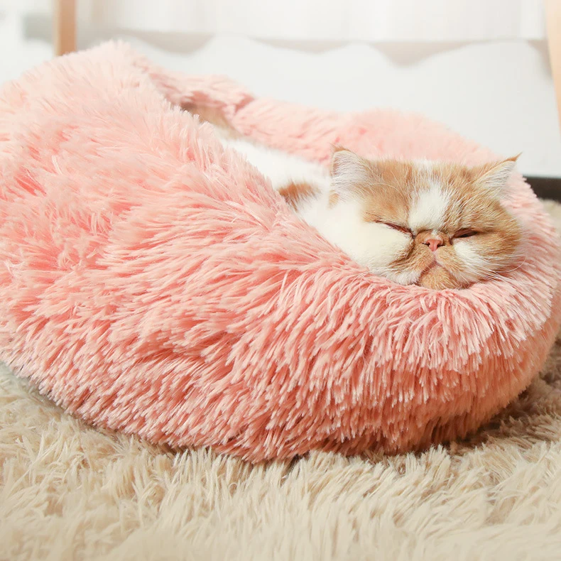 Faux Fur Comfortable Washable Super Soft Donut Bed for Large Pet Cats Brown Round Customized Fluffy Plush Dog Anti Anxiety Bed