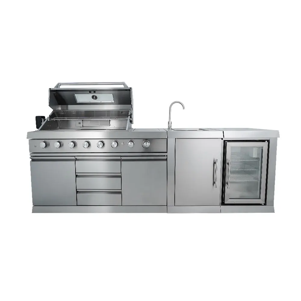 Hyxion 304 Stainless Steel BBQ 3 Piece Sink Wine Cabinet Outdoor Kitchen with and Large Grill