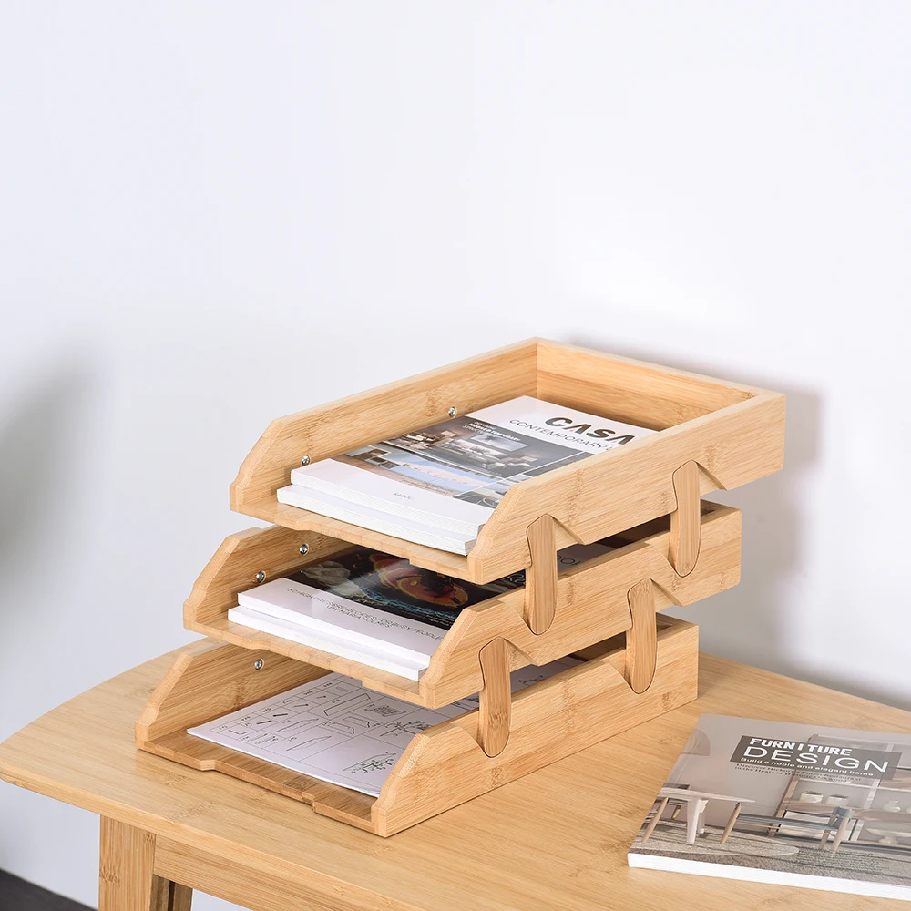 3 Tiers Bamboo Desktop File Organizer Letter Tray Holder Office Paper File Trays (1600434203923)