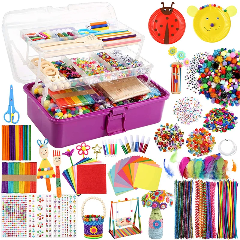 Over 3000pcs Kids Art and Crafts Supplies, Toddler DIY Craft Art Supplies Set Portable 3 Layered Folding Storage Box Great Gift