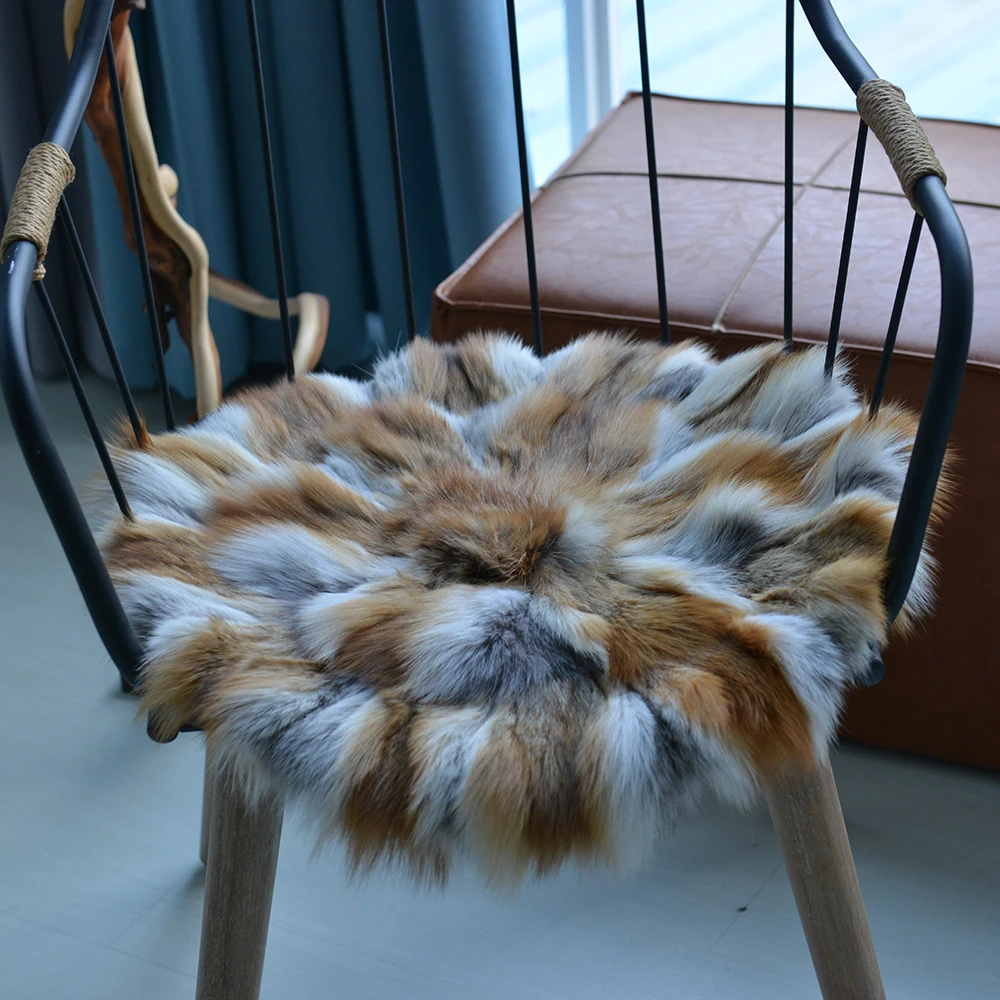 Natural Fox Fur Car Seat Cover Square Cushion Universal Size Fit for Auto, Chair and Armchair