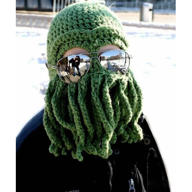 Men Barbarian Vagabond Knit Beanie Original Funny Foldaway Beard Octopus Pirate Hats Crochet Bearded Caps Costume Squid Mask