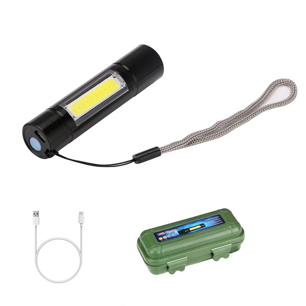 USB Charging Powerful Flashlight XPE COB LED Flash Light Zoomable Tactical Torch Lamp Battery Box