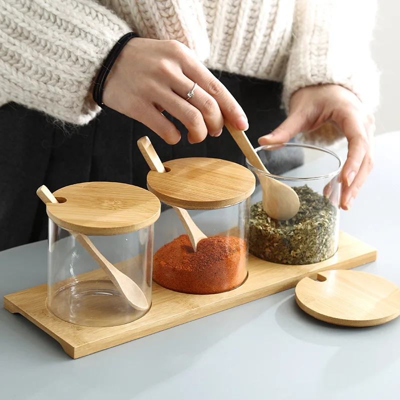 Wholesale bamboo glass storage jar modern for home kitchen spices storage with bamboo lid